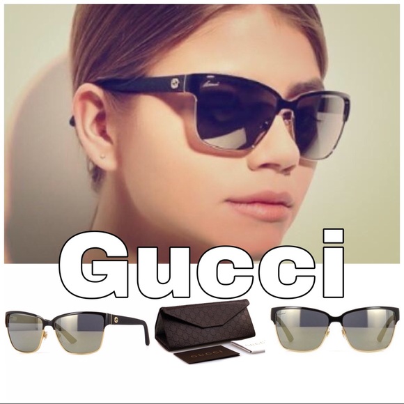 GUCCI Square Black Gold Mirrored Sunglasses w/ Case, Authenticity Card & Cloth - Picture 1 of 7